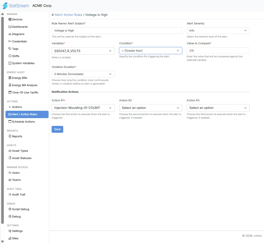 Example Alert / Action Rule configuration