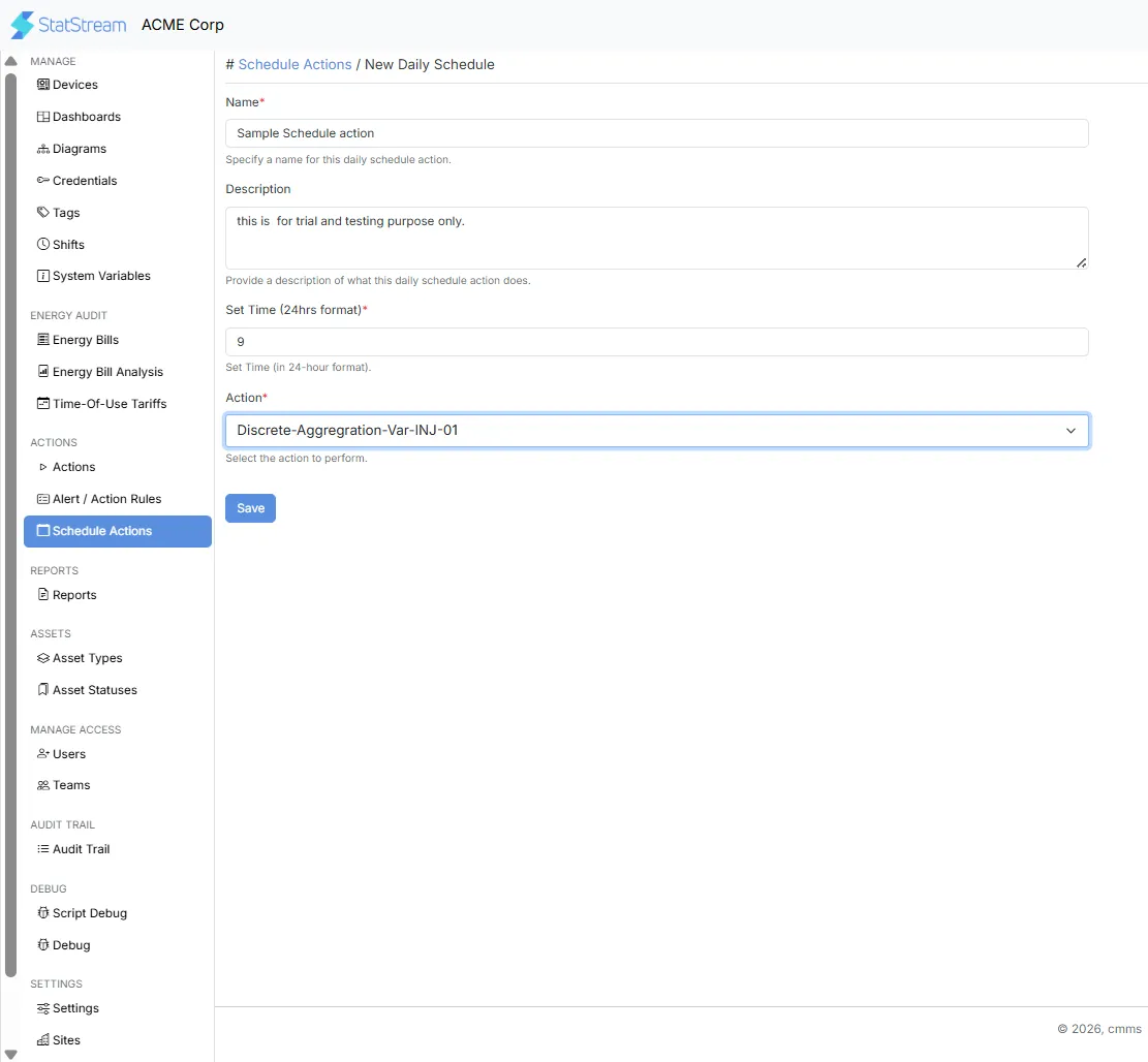 Create a new Schedule Action