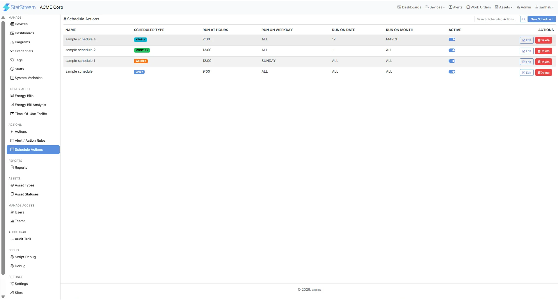Schedule Actions list